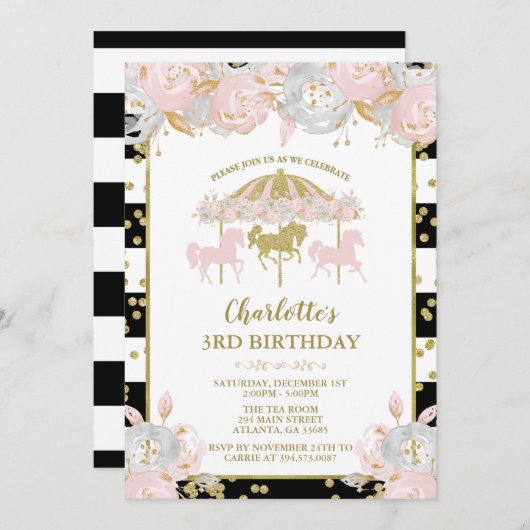 ピンクおよび金ゴールドグリッター回転木馬誕生日招待状 招待状 (正面/裏面)