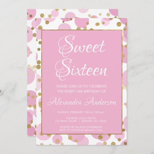 ピンクおよび金ゴールドホイルの紙吹雪の菓子16の誕生日 招待状 (正面/裏面)