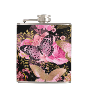 ピンクおよび金ゴールドホイルの花の蝶パターン フラスク