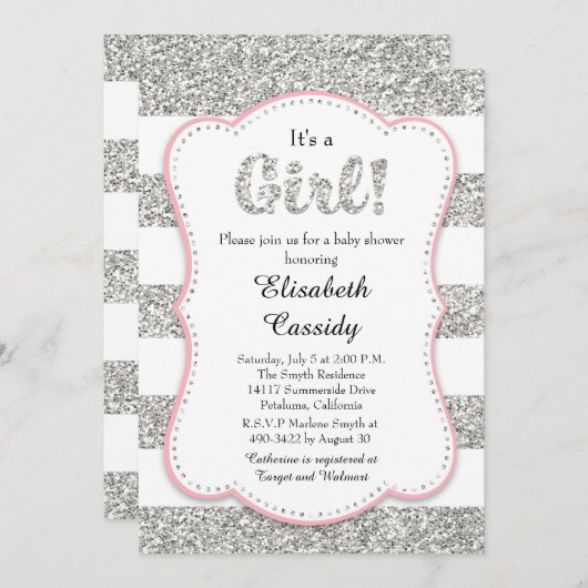 ピンクおよび銀のグリッターの女の子のベビーシャワーInvitatio 招待状 (正面/裏面)