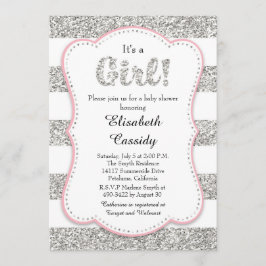 ピンクおよび銀のグリッターの女の子のベビーシャワーInvitatio 招待状