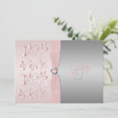 ピンクおよび銀製の花のモノグラムのな招待状 招待状 (スタンド正面)