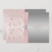 ピンクおよび銀製の花のモノグラムのな招待状 招待状 (正面/裏面)