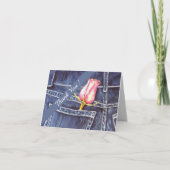 ピンクおよび青いデニムの水彩画の花柄 サンキューカード (正面)