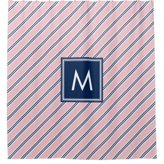 ピンクおよび青いプレッピー縞で飾ります シャワーカーテン (正面)