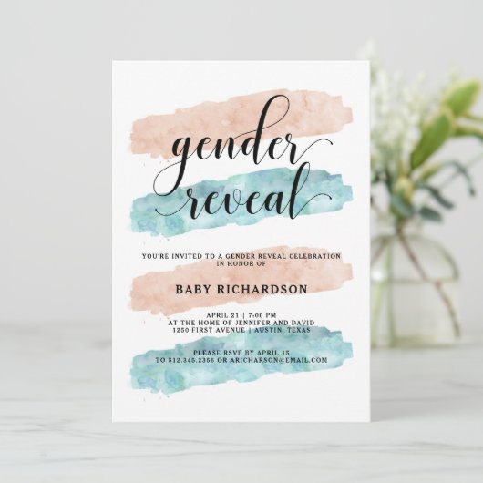 ピンクおよび青い水彩画|の性はパーティーを明らかにします 招待状 (スタンド正面)