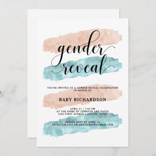 ピンクおよび青い水彩画|の性はパーティーを明らかにします 招待状 (正面/裏面)