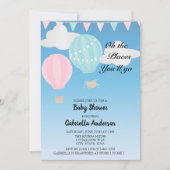 ピンクおよび青い熱気の気球のベビーシャワー 招待状 (正面)