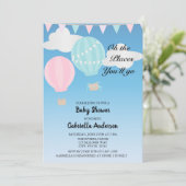 ピンクおよび青い熱気の気球のベビーシャワー 招待状 (スタンド正面)