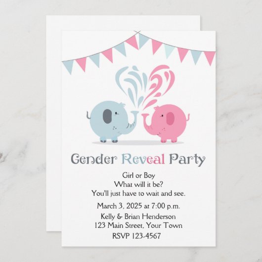ピンクおよび青い象の性は招待状を明らかにします 招待状 (正面/裏面)