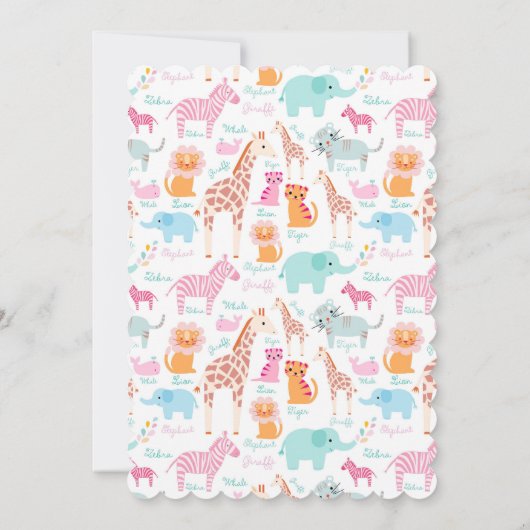 ピンクおよび青くかわいい動物のサファリのベビーシャワー 招待状 (裏面)