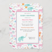 ピンクおよび青くかわいい動物のサファリのベビーシャワー 招待状 (正面/裏面)