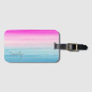 ピンクおよび青くグラデーションな水彩画 はあなたの名前を加えます ラゲッジタグ