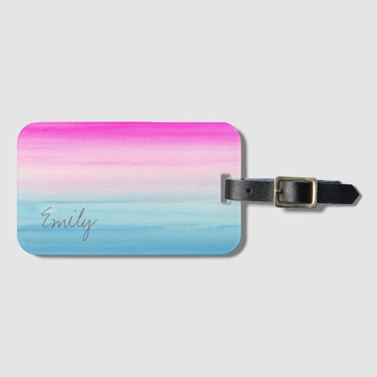 ピンクおよび青くグラデーションな水彩画|はあなたの名前を加えます ラゲッジタグ (正面横)