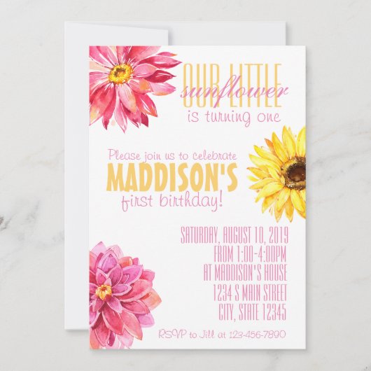 ピンクおよび黄色いヒマワリの誕生日 招待状 (正面)