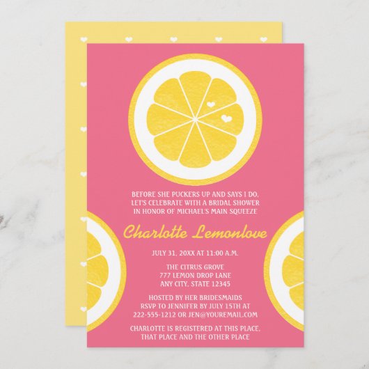 ピンクおよび黄色いレモンテーマのブライダルシャワー 招待状 (正面/裏面)