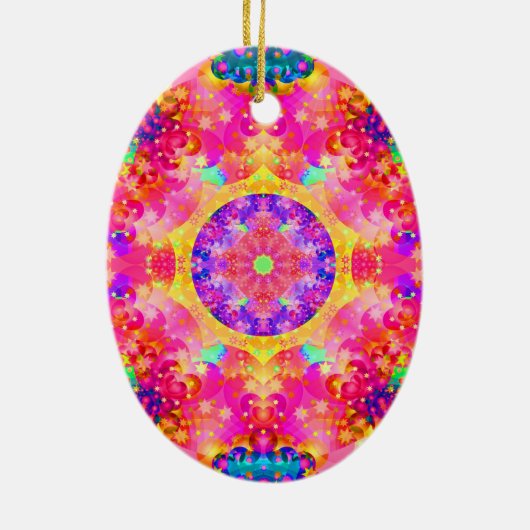 ピンクおよび黄色い万華鏡のように千変万化するパターンのフラクタル セラミックオーナメント (裏面)