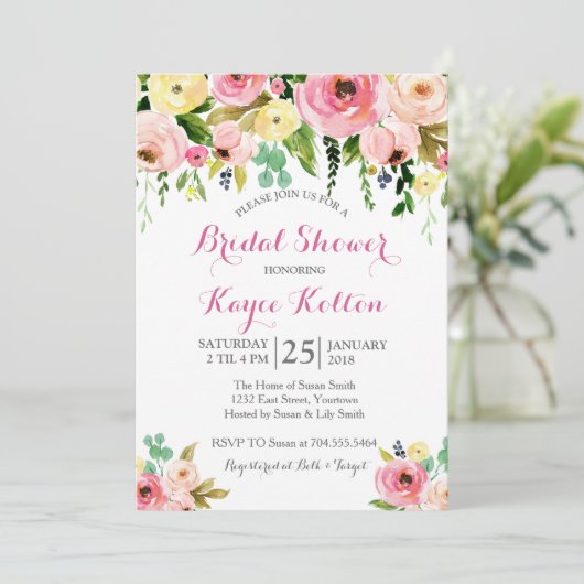 ピンクおよび黄色い花のブライダルシャワーの招待状 招待状 (スタンド正面)