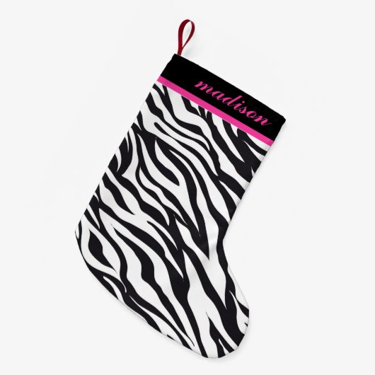 ピンクおよび黒いシマウマのプリントのモノグラムのストッキング スモールクリスマスストッキング (正面 (吊り時))