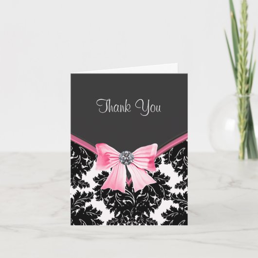 ピンクおよび黒いダマスク織のサンキューカード サンキューカード (正面)