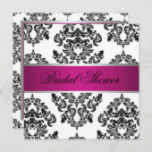 ピンクおよび黒いダマスク織のブライダルシャワー 招待状 (正面/裏面)