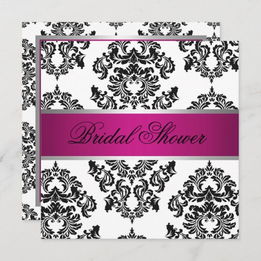 ピンクおよび黒いダマスク織のブライダルシャワー 招待状 (正面/裏面)