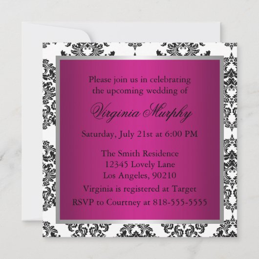 ピンクおよび黒いダマスク織のブライダルシャワー 招待状 (裏面)