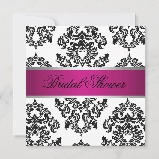 ピンクおよび黒いダマスク織のブライダルシャワー 招待状 (正面)