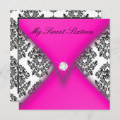 ピンクおよび黒いダマスク織のSweet sixteen 招待状 (正面/裏面)