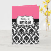 ピンクおよび黒いダマスク織、誕生日 カード (黄色い花)