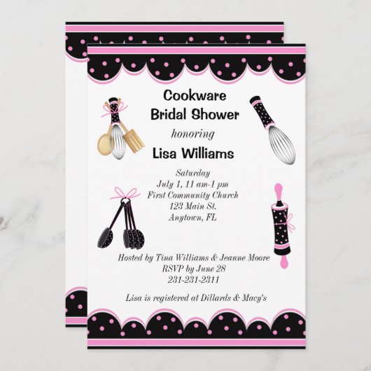 ピンクおよび黒い台所ブライダルシャワーの招待状 招待状 (正面/裏面)