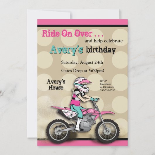 ピンクおよび黒い女の子の土のバイクのライダー 招待状 (正面)