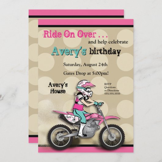 ピンクおよび黒い女の子の土のバイクのライダー 招待状 (正面/裏面)