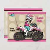 ピンクおよび黒い女の子ATVのライダーのメッセージカード 招待状 (正面/裏面)
