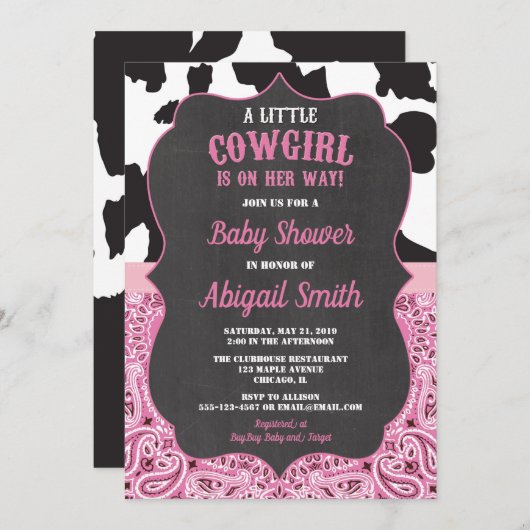 ピンクおよび黒い女性のカーボーイのベビーシャワーの女の子 招待状 (正面/裏面)