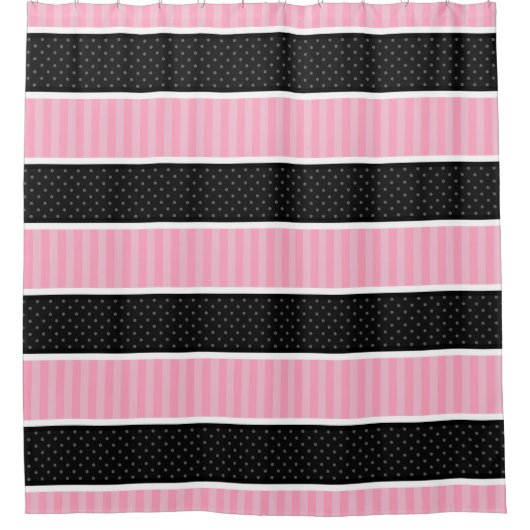 ピンクおよび黒い水玉模様のストライプなパターン シャワーカーテン (正面)