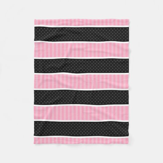 ピンクおよび黒い水玉模様のストライプなパターン フリースブランケット (正面)