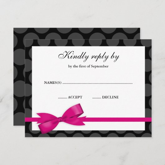 ピンクおよび黒い水玉模様の弓RSVP応答カード 出欠カード (正面/裏面)