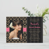 ピンクおよび黒い金ゴールドのモロッコのSweet sixteenの写真 招待状 (スタンド正面)