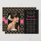 ピンクおよび黒い金ゴールドのモロッコのSweet sixteenの写真 招待状 (正面/裏面)