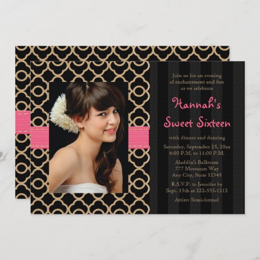 ピンクおよび黒い金ゴールドのモロッコのSweet sixteenの写真 招待状 (正面/裏面)