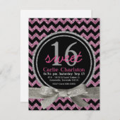 ピンクおよび黒のグリッターの一見のシェブロンの菓子16のパーティー 招待状 (正面/裏面)