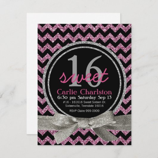 ピンクおよび黒のグリッターの一見のシェブロンの菓子16のパーティー 招待状 (正面/裏面)