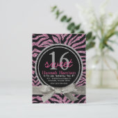 ピンクおよび黒のグリッターの一見のシマウマの菓子16のパーティー 招待状 (スタンド正面)