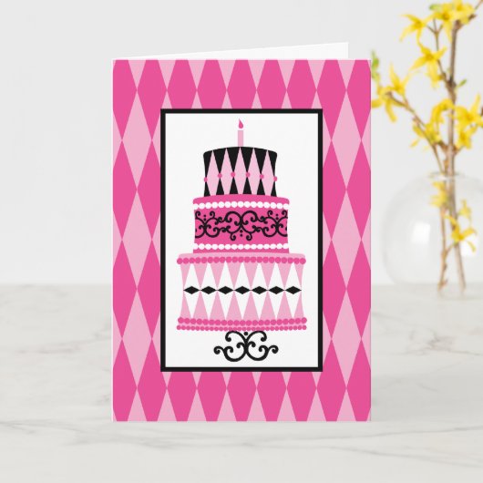 ピンクおよび黒のパーティーのケーキ カード (黄色い花)
