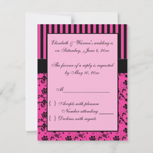 ピンクおよび黒ストライプのなRSVPのカード 出欠カード (裏面)