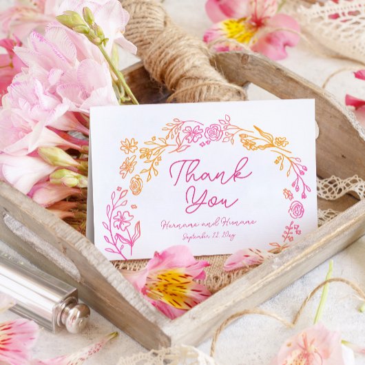 ピンクお洒落がかったオレンジ色の花手描き サンキューカード