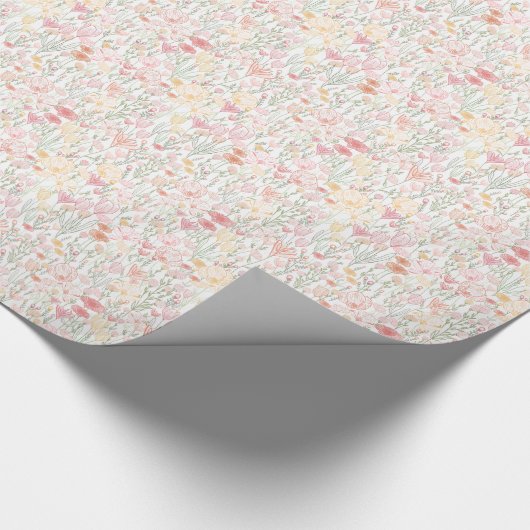 ピンクお洒落がかったオレンジ色の黄色い緑の花 ラッピングペーパー (角)