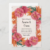ピンクお洒落とオレンジのフローラ結婚 招待状 (正面/裏面)