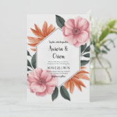 ピンクお洒落とオレンジのフローラ結婚 招待状 (スタンド正面)
